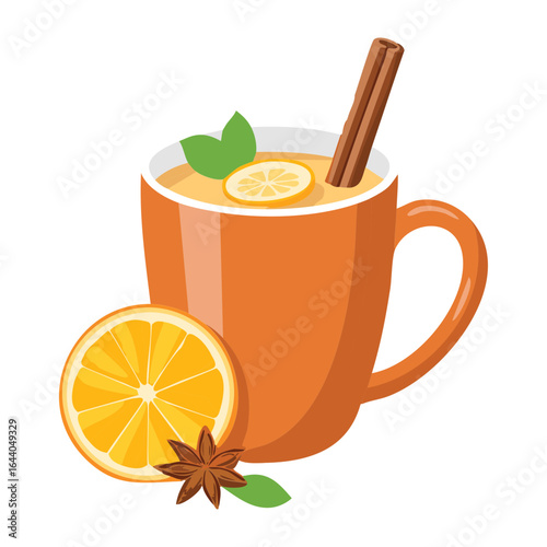 Spiced Orange Tea with Cinnamon in an Orange Mug - Vector Illustration