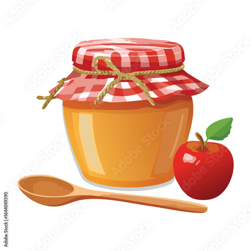 Apple Jam in a Jar with Plaid Lid - Vector Illustration