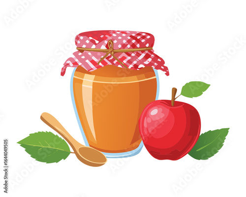 Glass Jar of Natural Honey with a Spoon and a Fresh Apple - Vector Illustration