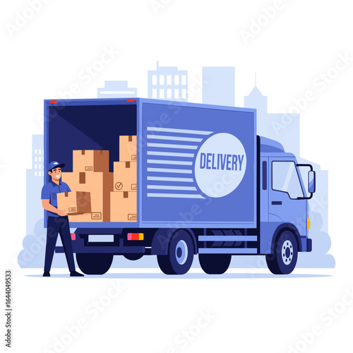 Logistics and transportation worker loading packages into a delivery truck in an urban setting