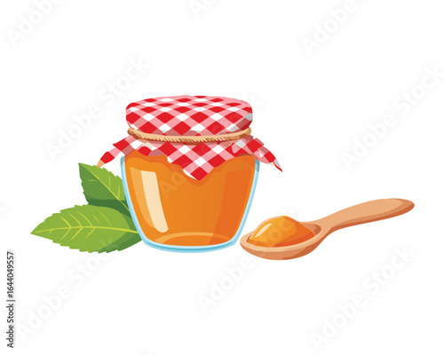 A Jar of Golden Honey with a Spoon and Gingham Lid - Vector Illustration