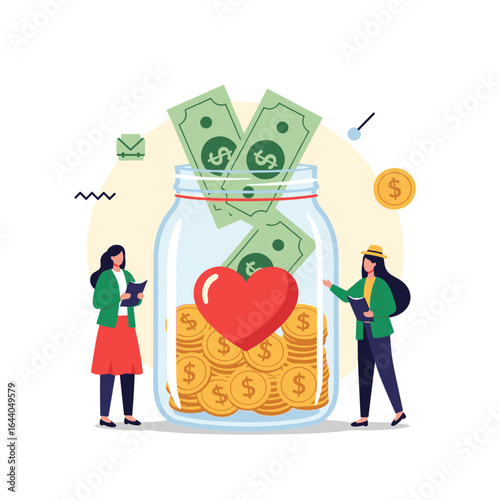 People contributing money and a red heart into a large glass jar for charitable causes