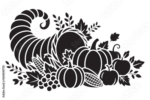 Black Silhouette Cornucopia Filled with Autumn Harvest Fruits and Vegetables fall Thanksgiving