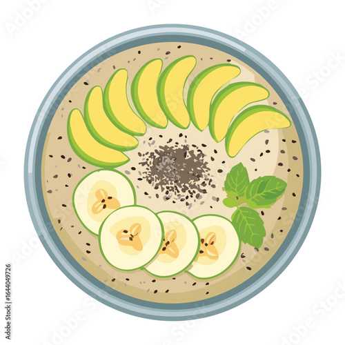 Healthy Oatmeal Breakfast Bowl Topped with Banana and Chia Seeds - Vector Illustration