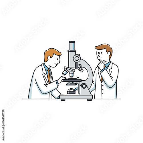 Scientists collaborate examining a sample under a powerful laboratory microscope during a critical research investigation
