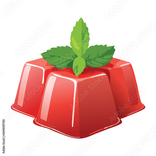 Sweet Red Fruit Jello Pudding Dessert Topped with Mint Leaves - Vector Illustration