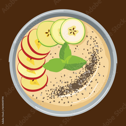 Healthy Oatmeal Bowl with Sliced Banana and Chia Seeds - Vector Illustration