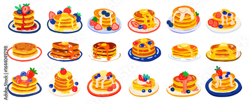 Cute pancakes set. Doodle flat cartoon minimalistic breakfast sweet food with syrup and fruit. Pancake stack vector illustration