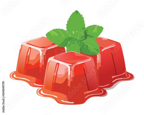Group of Sweet Gelatin Dessert Cubes with Fresh Garnish - Vector Illustration