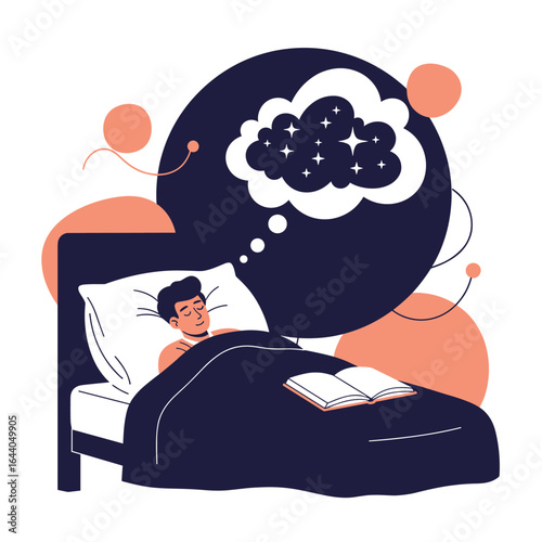 A young man peacefully sleeping in his bed dreaming of stars and the night sky with a book on his bedside table