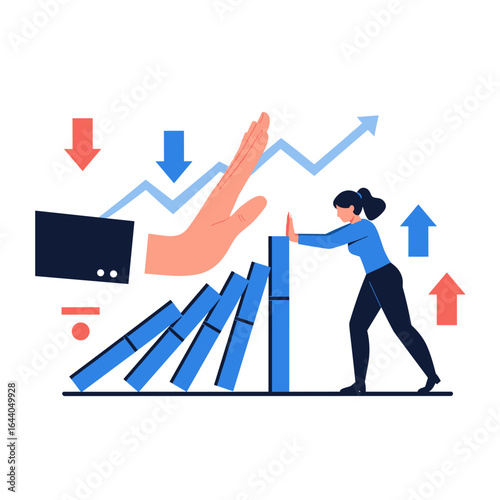 Business woman stopping domino effect preventing financial crisis through strategic intervention