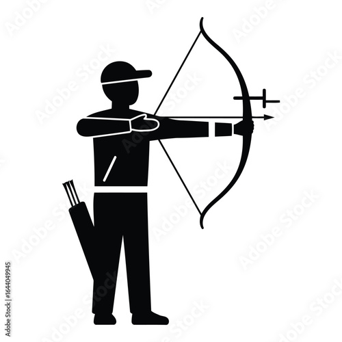 Black silhouette of archer aiming bow and arrow with quiver archery
