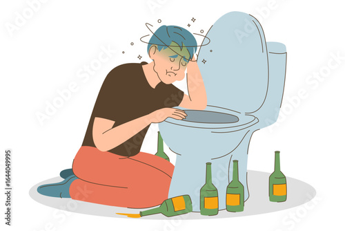 Drunk man suffering from nausea in toilet vector isolated. Illustration of a male person with hungover. Empty wine or beer bottles. Alcoholic beverage.