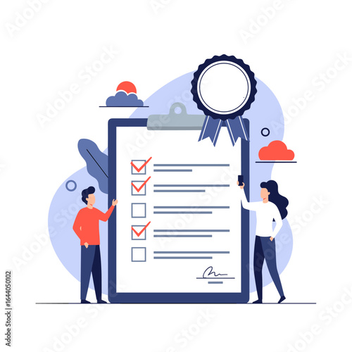 Detailed checklist evaluation and quality assurance process with certified achievement and team collaboration