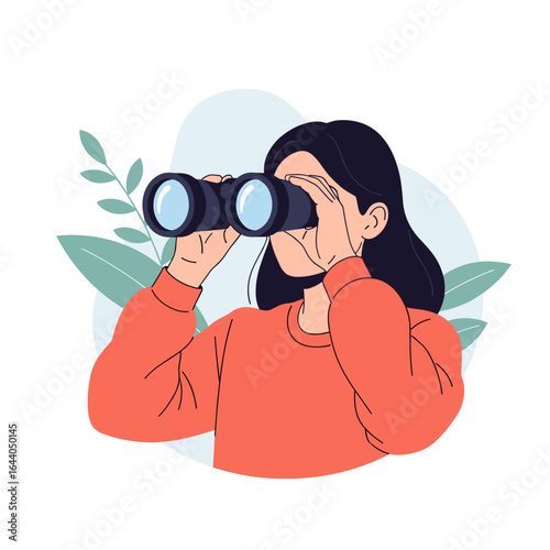 A curious person using binoculars to observe the distant surroundings with a focused and attentive gaze