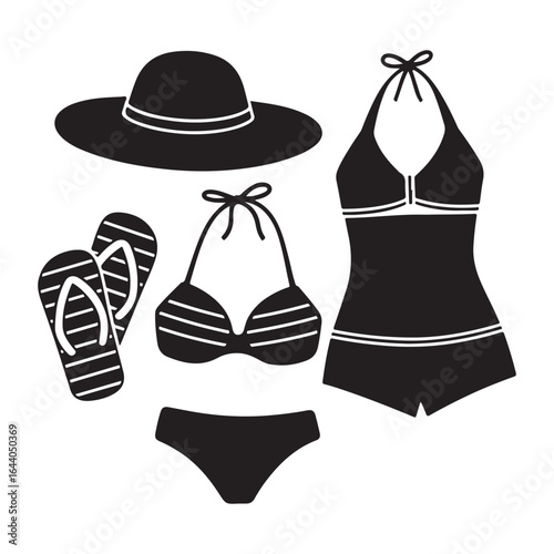 Black silhouette of summer beachwear and accessories swimwear bikini