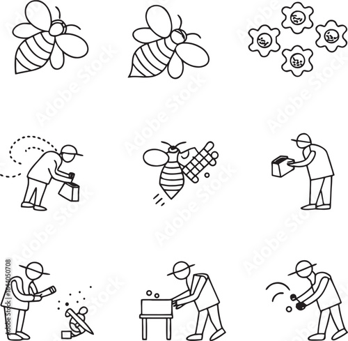 Simple Line Art Icons Depicting Beekeeping Activities and Bees apiary honey