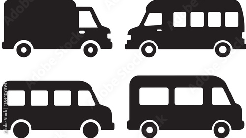 Collection of four distinct black vehicle silhouettes including a truck and three vans