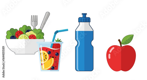 Healthy lifestyle concept with fresh food and hydration. Flat vector illustration of a salad bowl, fruit drink, sports bottle, and apple.