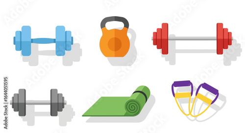 Modern flat icon set of gym and fitness equipment for exercise concepts. Vector collection with dumbbell, kettlebell, barbell, mat, and resistance band.