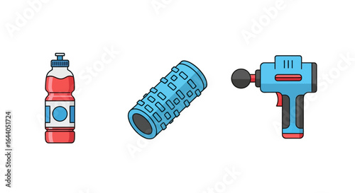 Collection of fitness and sports recovery icons. Flat design illustration of a massage gun, foam roller, and hydration drink bottle for muscle therapy.