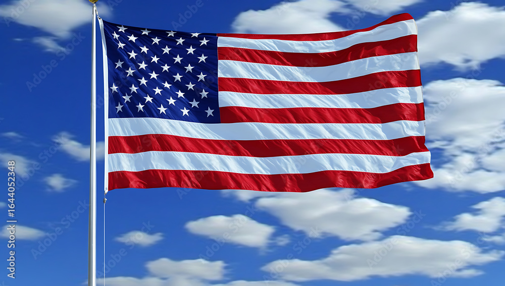 Obraz premium United states of america flag waving in the wind against blue sky and clouds