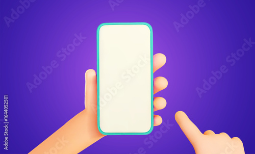 Holding phone in two hands. Hand touching blank white screen. Touching mobile phone screen with finger. Vector illustration