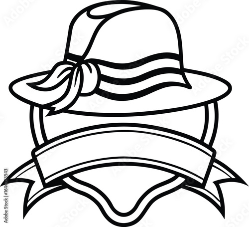 Monochrome Emblem of a Stylish Sun Hat on a Shield with a Ribbon Banner Design for Summer Fashion