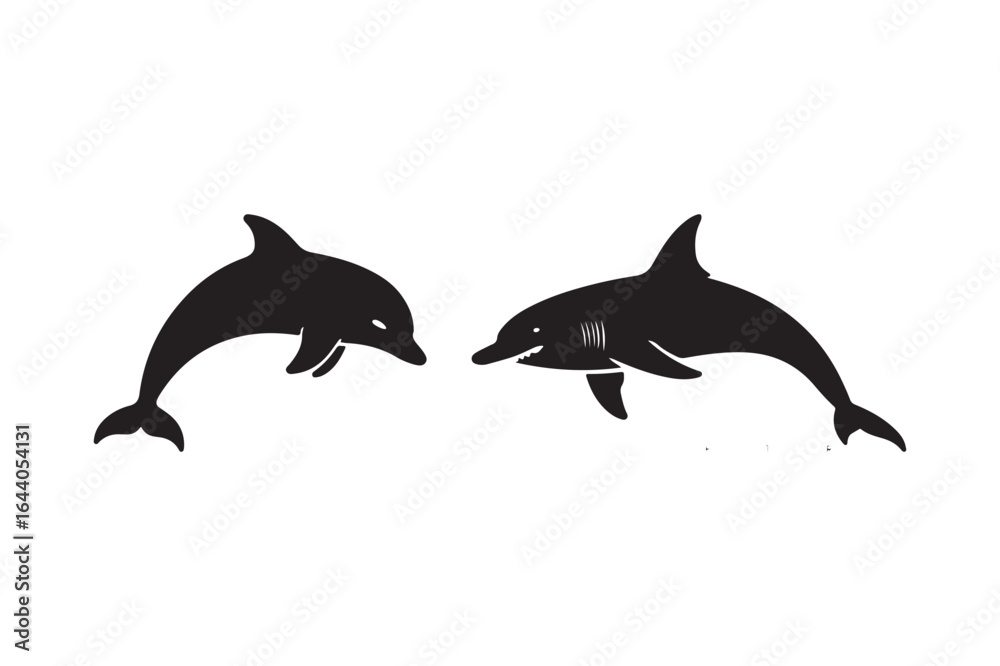 Fototapeta premium Two silhouetted dolphins leaping together in the water