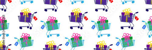black friday and cyber monday seamless pattern with shopping carts and gift boxes vector illustration retail seasonal discounts promotion design