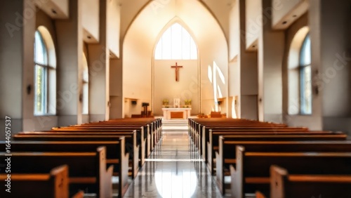 The photo is blurry and out of focus. The interior of a modern church sanctuary, rows of wooden pews leading to an altar with a crucifix, and large arched windows letting in soft natural light.