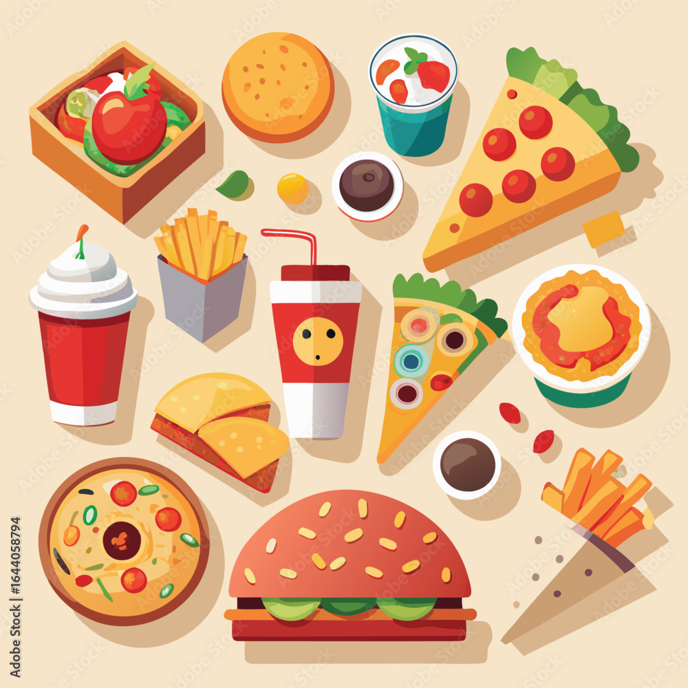 Fototapeta premium Street fast food dish set vector illustration