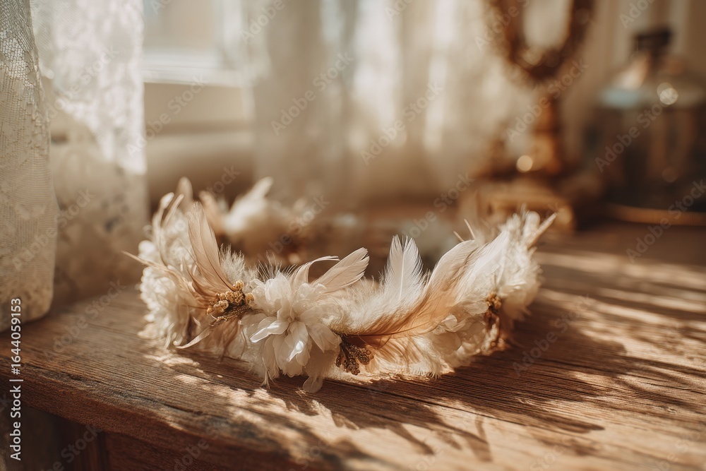 Obraz premium Beautiful floral crown sitting on a rustic wooden table in a sunlit room
