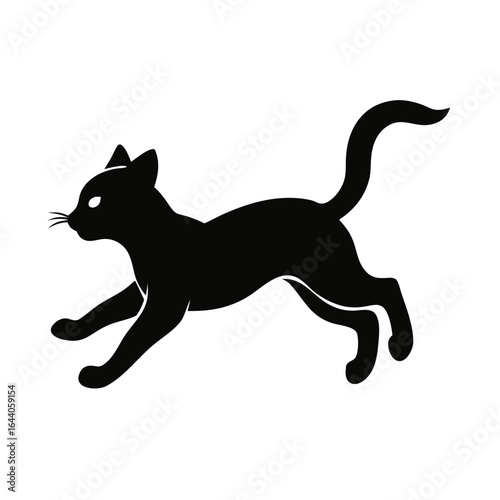 Black Cat Silhouette Running and Jumping in Motion, Isolated on White Background - Dynamic Animal Photography