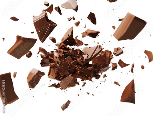 Shattered chocolate pieces exploding isolated on transparent background