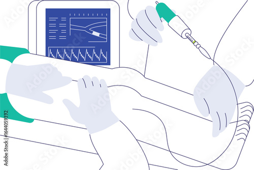  Endovascular surgery concept with surgeon performing minimally invasive procedure under imaging guidance, healthcare vector illustration.