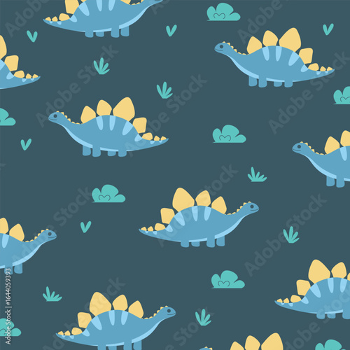 stegosaurus dinosaur cute cartoon seamless vector pattern for kids apparel fullprint fabric