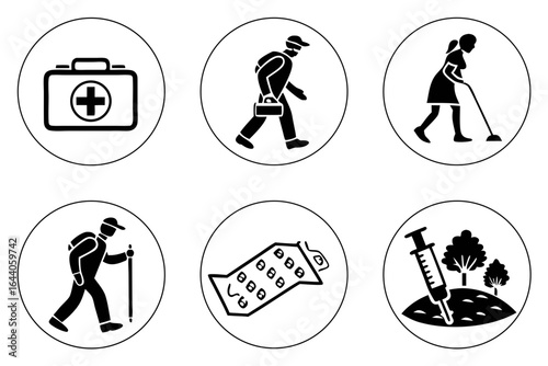 Set of medical and outdoor activity icons isolated on white background