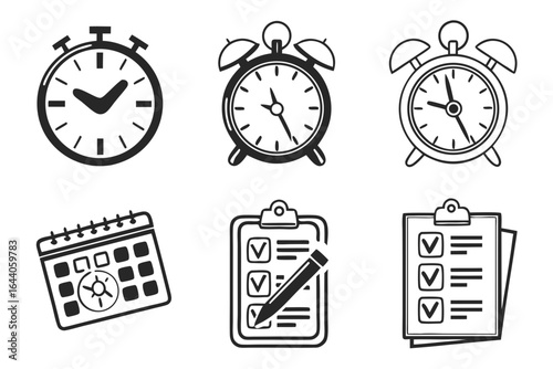 Various icons for time, planning, and task completion, isolated on white background