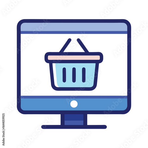 Minimalist Online Store Vector Icon: Computer Monitor with Shopping Basket

