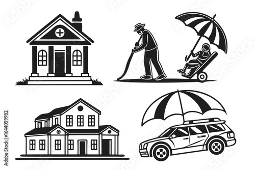 House, car, and person with umbrella icons isolated on white background