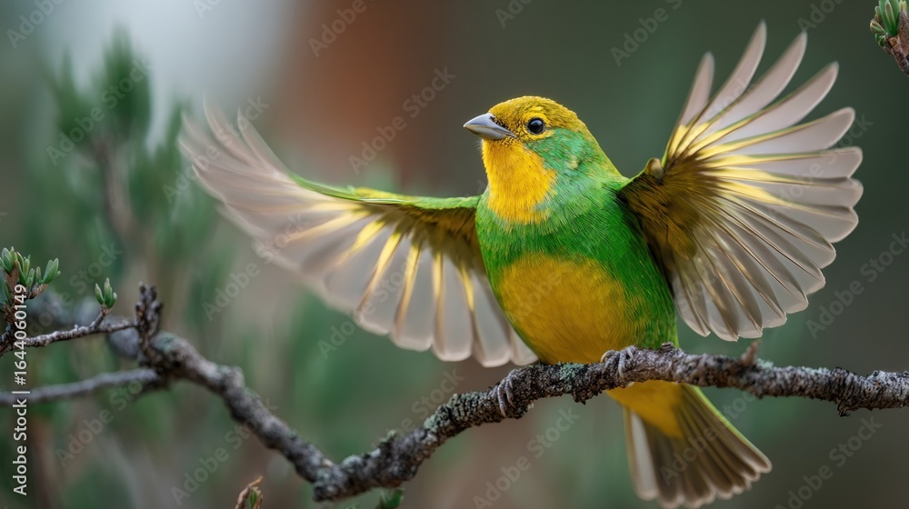 Obraz premium Green and Yellow Bird Taking Flight on Branch
