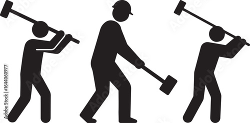 Three construction workers in silhouette swinging sledgehammers with force