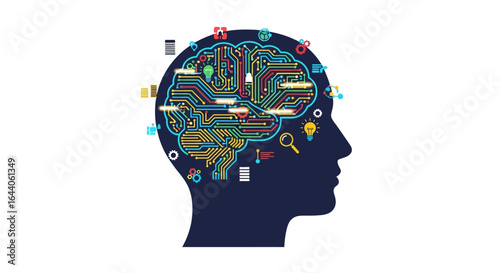 Silhouette of a human head filled with a colorful, circuit board-like brain design, surrounded by various icons and symbols.