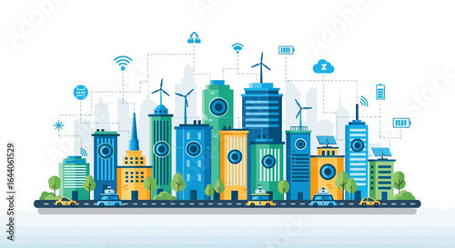 Stylized illustration of a modern, eco-friendly city skyline with connected technology, renewable energy sources, and electric vehicles.