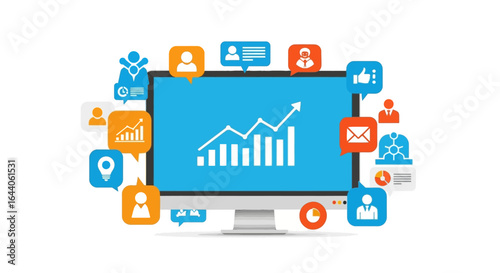 A computer screen displaying a rising graph surrounded by various social media icons.