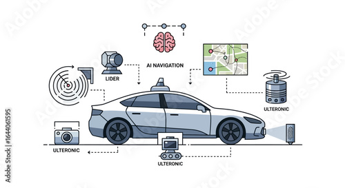 Illustration of a self-driving car showcasing AI navigation, sensors, lidar, cameras, ultrasonic technology, and a brain icon representing artificial intelligence.