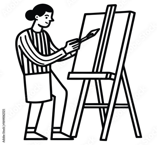 Artist painting on easel woman sitting at desk working on computer vector illustration