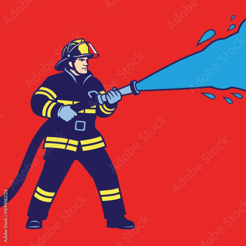 Brave Firefighter in Protective Gear Spraying Water from Hose Nozzle Illustration