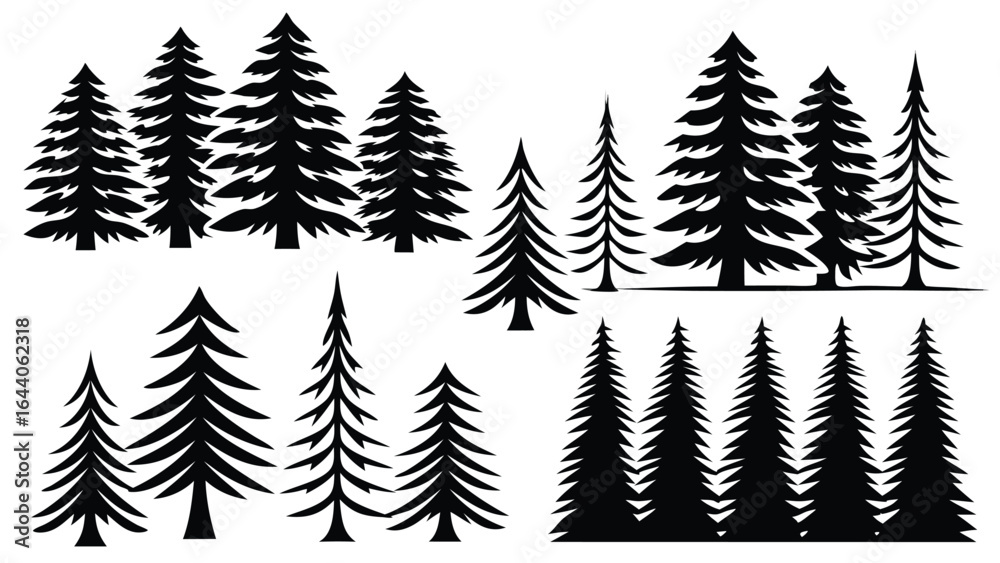 Fototapeta premium Silhouette Illustration of Various Pine and Evergreen Trees in Groups, Black Forest Tree Vector Art for Nature, Landscape, and Outdoor Wilderness Designs